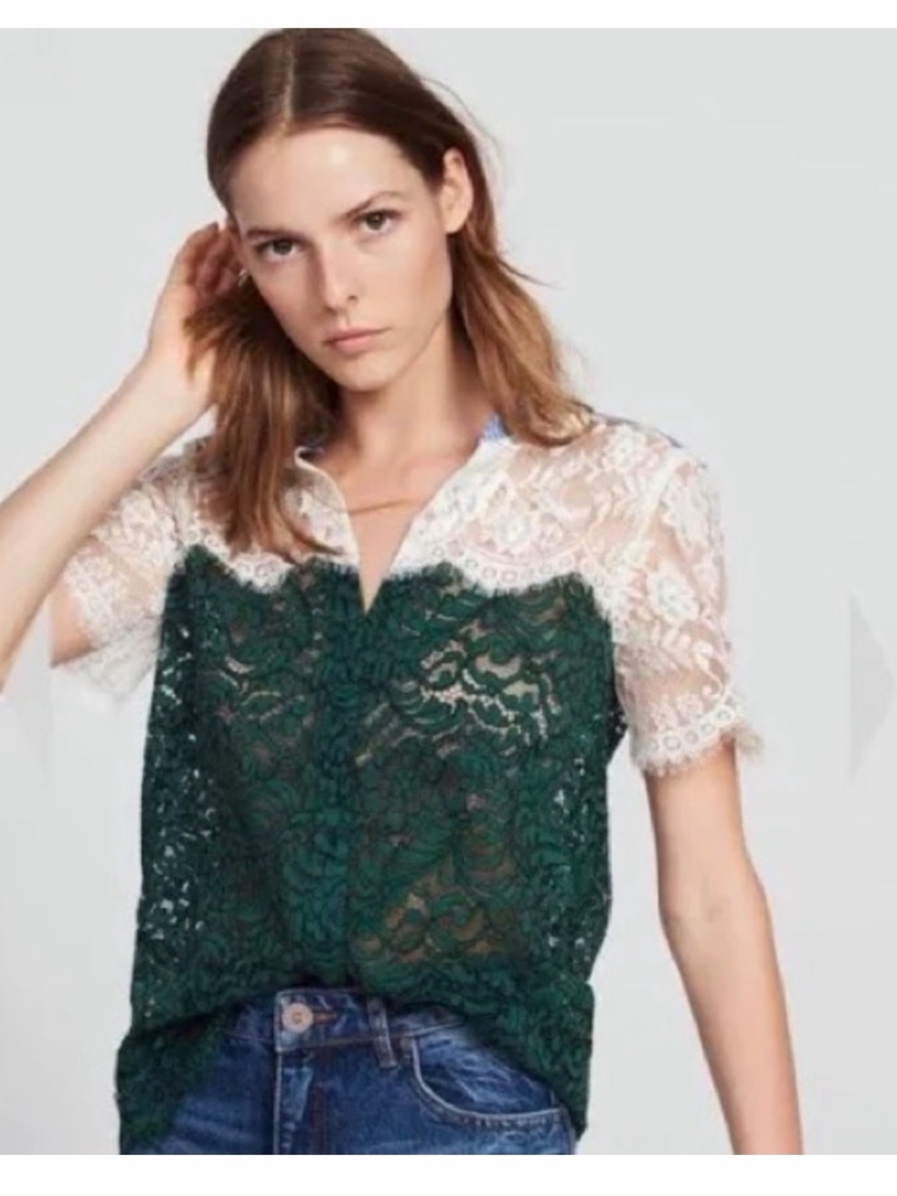 Sandro Paris sz Small/Medium Green & White Lace Button Down Top Beautifully Made